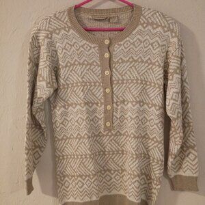 Vintage Liz Claiborne Knitwear Henley Sweater – Beige & White Geometric – Size S